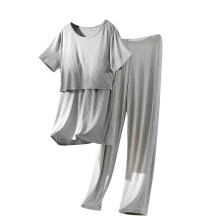 Pijamale pentru femei de mărime plus pentru alăptat, cu guler rotund, mânecă scurtă, culoare solidă, cu sutien încorporat, pantaloni de