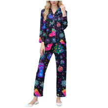 Naisten joulukuvioinen napitettava pyjama-setti, pehmeä ja joustava yöasu, koko S-2XL, yhteensopiva juhlavaatteiden kanssa