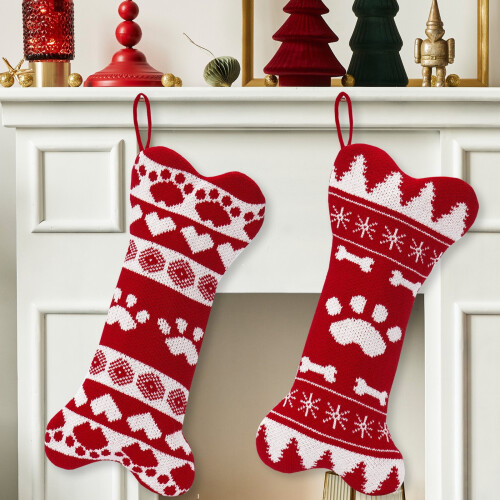 Gestrickter, knochenförmiger Hunde-Weihnachtsstrumpf, weiß