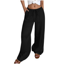 Calça feminina casual de cor sólida com cordão na cintura, elástico, pregas onduladas, em nylon e elastano, com acabamento fosco, estilo