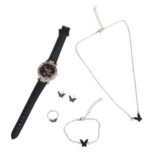 Elegante vlinder sieradenset voor dames: horloge met kristallen, modieuze ringen, ketting, oorbellen en armband. Perfect voor dagelijks gebruik.