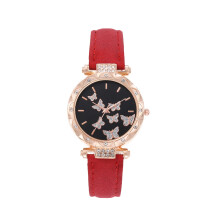 Decoración del hogar, Reloj de pulsera de cuero para mujer, elegante y sencillo, con forma de mariposa y diamantes de imitación flotantes, reloj de