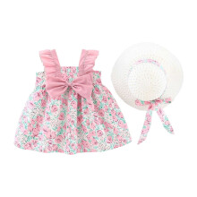 Ærmeløs prinsesse festkjole med flæser og stråhat, 2-delt sæt, ferie, afslappet strand, sløjfe, ruchet kjole, størrelse 3-4 år