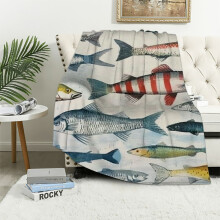 Trendy Watercolor Fish Flannel Throw Blanket – Marine Life Design, AC-Ready, White, Compatible with All Beds