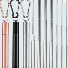 Conjunto de 3 Canudos de Metal Telescópicos Reutilizáveis e Dobráveis em Aço Inoxidável com Acabamento Escovado (Rosa, Preto, Prata)