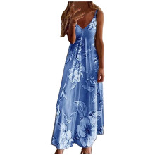 Geblümtes Maxikleid für Damen, figurbetontes Trägerkleid für Hochzeitsgäste und Strandpartys – Blau, Größe M, passend für sommerliche