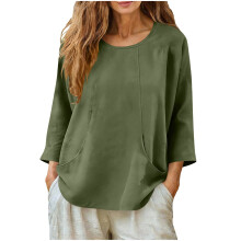 Kukoosong Damen Langarmshirt mit Rundhalsausschnitt, Basic-Top aus Baumwollleinen in lockerer Passform