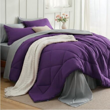 Juego de edredón King de 7 piezas, reversible, color morado, para todas las estaciones, incluye edredón de fibra sintética, sábanas, fundas de