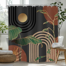Brauner Duschvorhang im Mid-Century-Stil, Boho-Design mit tropischen Palmen und Sonnenbogen, 183 x 183 cm, kompatibel mit Standard-Duschstangen, 12