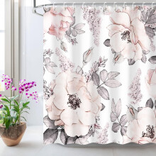 Rideau de douche Ă fleurs aquarelle roses et grises avec crochets, lavable en machine, 183 x 213 cm, compatible avec les barres de douche standard