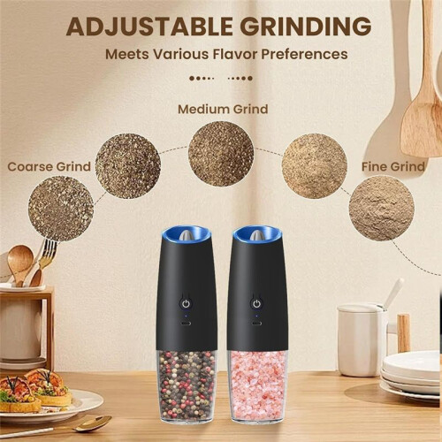 2PCS Rechargeable Electric Salt and Pepper Grinder Set, Automatic Gravitys Grinder Adjustable Coarseness Led Light