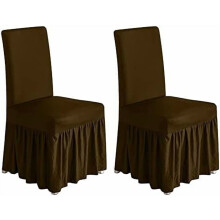 Stretch Chair Covers Set of 2 with Skirt, Washable Spandex Fabric for Dining Room, Kitchen, Wedding, Banquet, Kids & Pets (Brown)