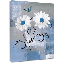 Tablou floral alb și albastru cu fluture, 30x40 cm