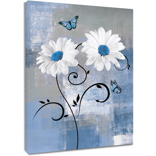 Quadro decorativo floral com borboleta azul e branca, 30x40cm (12x16 polegadas)