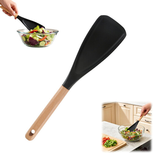 Colher de cozinha de silicone com cabo de madeira, 34 cm