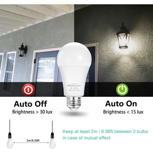 Lâmpada LED A19 com sensor crepuscular, 9W, 5000K, soquete E26 (pacote com 4)