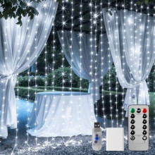 Gardinlyslenke, 300 LED-lys, 8 moduser, fjernkontroll, vanntett, for soverom/bryllup/utendørs/jul, hvit