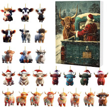 Kerstadventskalender 2025 met acryl kerstornamenten met koeienthema