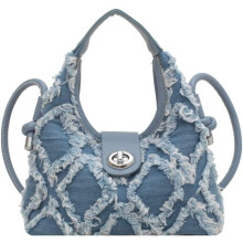 Dameshandtas van zacht veganistisch leer, tonvormig model, grote denim tas met franjes, hobo met handvat, werktas, schoudertas.
