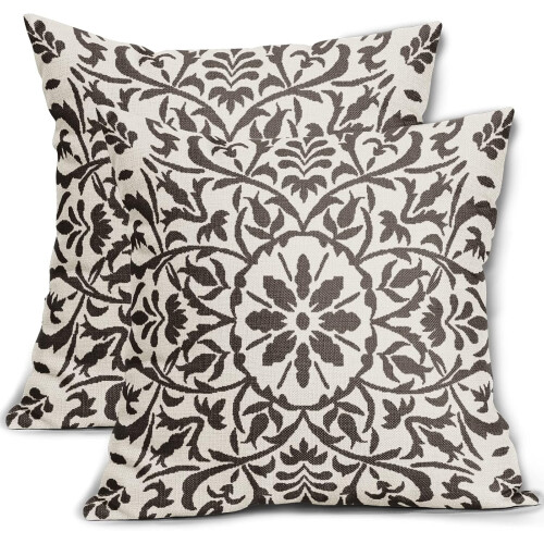 Σκούρο καφέ Boho μαξιλάρια 16x16", Vintage εκτύπωση λουλουδιών, λινά τετράγωνα μαξιλάρια,