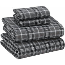 Flanellen lakenset (tweepersoons) – 100% katoen, dubbel geborsteld, 40 cm diepe hoeslakens, 4-delige grijze ruitjesset, warm en zacht voor alle