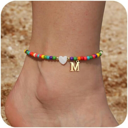Women's waterproof boho initial anklet with beaded design