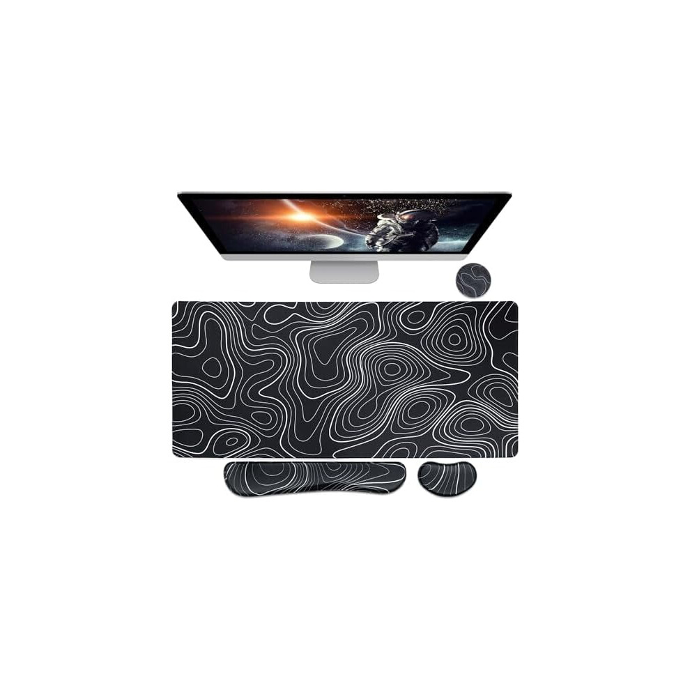 Xl Gaming Mouse Pad 4-In-1 With Wrist Rest, Desk/Keyboard Pad, & Topography (31.5"X15.7") Black/White 9180479185406