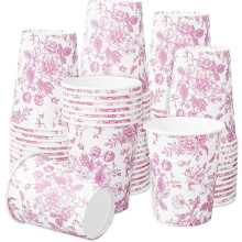 Vasos de papel con estampado floral de 266 ml (9 oz), color rosa, desechables, estilo vintage, ideales para fiestas, para bebidas frías o calientes.