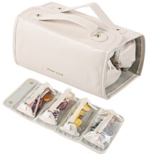 Neceser organizador de maquillaje plegable grande con función expandible, diseño portátil de cuero beige – Compatible con viajes y almacenamiento