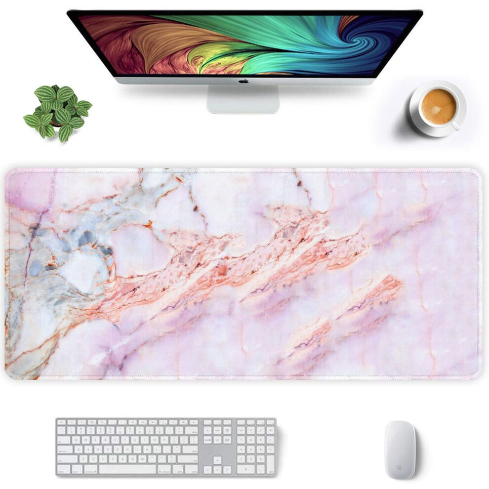 Xxl Marble Gaming Mouse Pad 35.5X15.7", Non-Slip Base, Stitched Edge, Compatible With All Mice Pink 9329345032141
