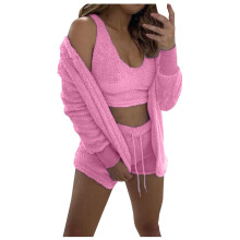 QLEICOM Damskie seksowne, puszyste, 3-częściowe stroje z polaru, ciepły kardigan z kapturem, krótki top, krótkie spodenki, piżama, odzież