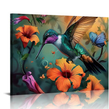 Kolibri, Blumen, Schmetterling – Leinwandbild, Wanddekoration für Wohnzimmer, Schlafzimmer, Büro, 50 x 40 cm