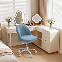 Home Office Chair Adjustable Vanity Chairs Mid Back Rolling Task Chairs for Bedroom, Living Room or Study,Teddy Velvet,Dark Blue