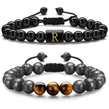 Beaded Men's Bracelet: 8mm Tiger Eye & Lava Stone, Adjustable Stress Relief Yoga Bracelet – Compatible with Obsidian Beads