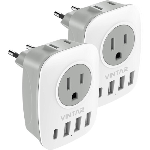 Πακέτο 2 προσαρμογέων ταξιδιού EU με 1 USB-C, 2 πρίζες ΗΠΑ, 3 θύρες USB, 6 σε 1 – Συμβατό με