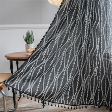 Boho Curtains 59"x63", Stripe Floral Vintage Tassels, Rod Pocket, 1 Panel, Black – Compatible with Kitchen, Cafe, Dining Room & Halloween Decor