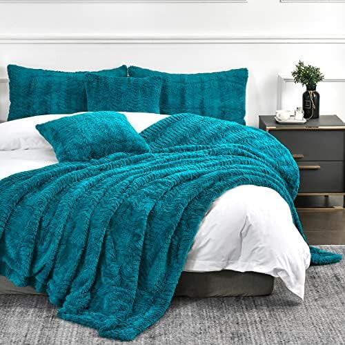 Faux Fur Throw Blanket 63 x 90 in Teal