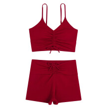 Dames tweedelige sportieve zwemkleding set: tanktop + hooggetailleerd shortje, effen bordeauxrood, ingetogen strandkleding, geschikt voor de