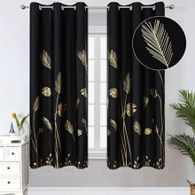 Blackout Curtains Gold Black Leaf Design 2 Panels 38x63