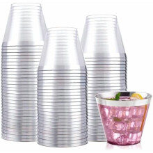 100 vasos de plástico transparente de 255 ml con borde plateado, vasos desechables resistentes, ideales para fiestas y bodas.