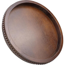 Plateau de service rond vintage en bois de 33 cm avec détails perlés - Plateau décoratif marron foncé pour centre de table, organisateur de