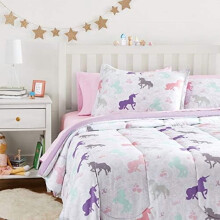 Juego de cama infantil de microfibra suave y cómodo, 7 piezas, tamaño matrimonial/queen, colores lisos y estampados, unicornios morados.