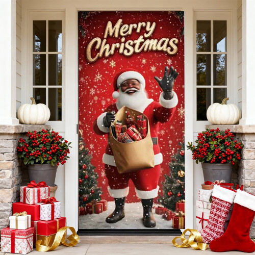 Faixa de Natal com Papai Noel e Boneco de Neve para Porta, 35x71 polegadas