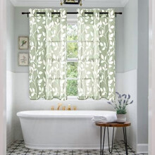 Sage Green Boho Leaf Floral Bathroom Curtains Set of 2, 48" Length, Sheer Kitchen Curtains, Compatible with Standard Rods