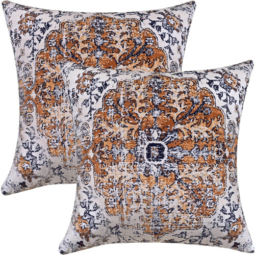 Σετ 2 τετράγωνων μαξιλαροθηκών boho 20x20", καφέ & μπλε βελούδο, έθνικ σχέδιο,