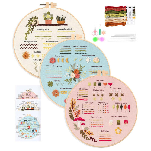 Embroidery Kit for Beginners: 3 Stamped Patterns, Hoop, Needles, Threads & Video Guide – Compatible with All Basic Embroidery Tools