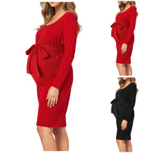 Women Maternity Fashion Dress with Belt Square Neckline Long Sleeves Ladies Spring Travel Comfortable Clothes Black XL