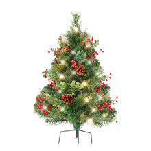 Verlichte kerstdecoratie voor plantenbakken met gouden en rode bessen, driepoot en ledverlichting – geschikt voor plantenbakken buiten.