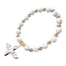 Women's Elastic White Beaded Bracelet with Angel Wings & Cross – Healing & Balancing Jewelry, Compatible with Green Girl Gift