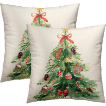 Conjunto de 2 fronhas com estampa de árvore de Natal em aquarela, capas de almofada quadradas verdes de 45x45 cm, decoração natalina para sala de